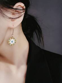 花朵细节圆形吊坠耳环 - 金黃色 - 查看 5