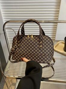 Hình học in đôi túi mái vòm thanh lịch với dây kéo - Cà phê nâu - Xem 1