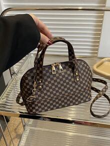 Hình học in đôi túi mái vòm thanh lịch với dây kéo - Cà phê nâu - Xem 5