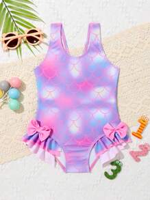 SHEIN 寶寶女孩魚鱗印花蝴蝶結前襟荷邊單品泳衣 - 紫色 - 查看 1
