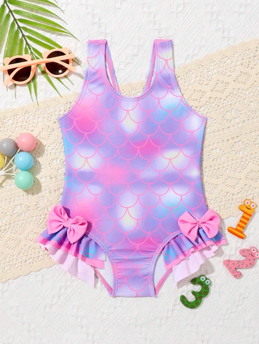 SHEIN 寶寶女孩魚鱗印花蝴蝶結前襟荷邊單品泳衣 - 紫色 - 查看 1