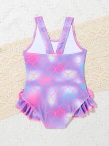 SHEIN 寶寶女孩魚鱗印花蝴蝶結前襟荷邊單品泳衣 - 紫色 - 查看 2
