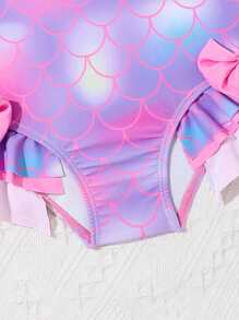 SHEIN 寶寶女孩魚鱗印花蝴蝶結前襟荷邊單品泳衣 - 紫色 - 查看 5