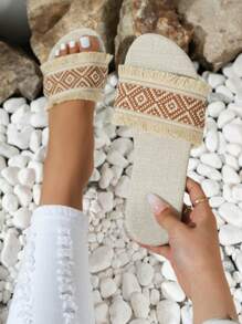 Women Geometric Pattern Fringe Trim Slide Sandals, Fabric Vacation Sandals - Multicolor - View 1