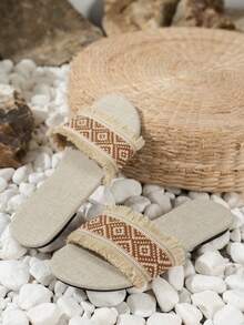 Women Geometric Pattern Fringe Trim Slide Sandals, Fabric Vacation Sandals - Multicolor - View 2