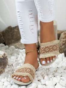 Women Geometric Pattern Fringe Trim Slide Sandals, Fabric Vacation Sandals - Multicolor - View 3