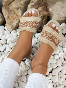 Women Geometric Pattern Fringe Trim Slide Sandals, Fabric Vacation Sandals - Multicolor - View 4
