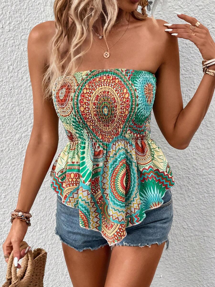 SHEIN VCAY 夏季曼陀罗印花不对称下摆紧身上衣