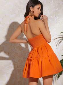 Travachic Tie Backless Ruffle Hem Halter Neck Summer Dress - Orange - View 2