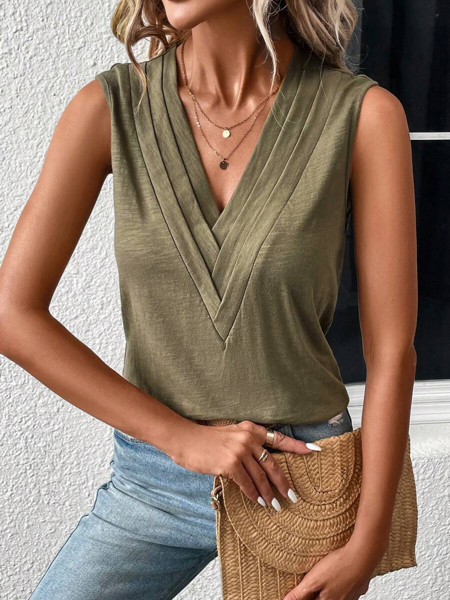 SHEIN LUNE Top tank unicolor de cuello V - Verde militar - Ver 1