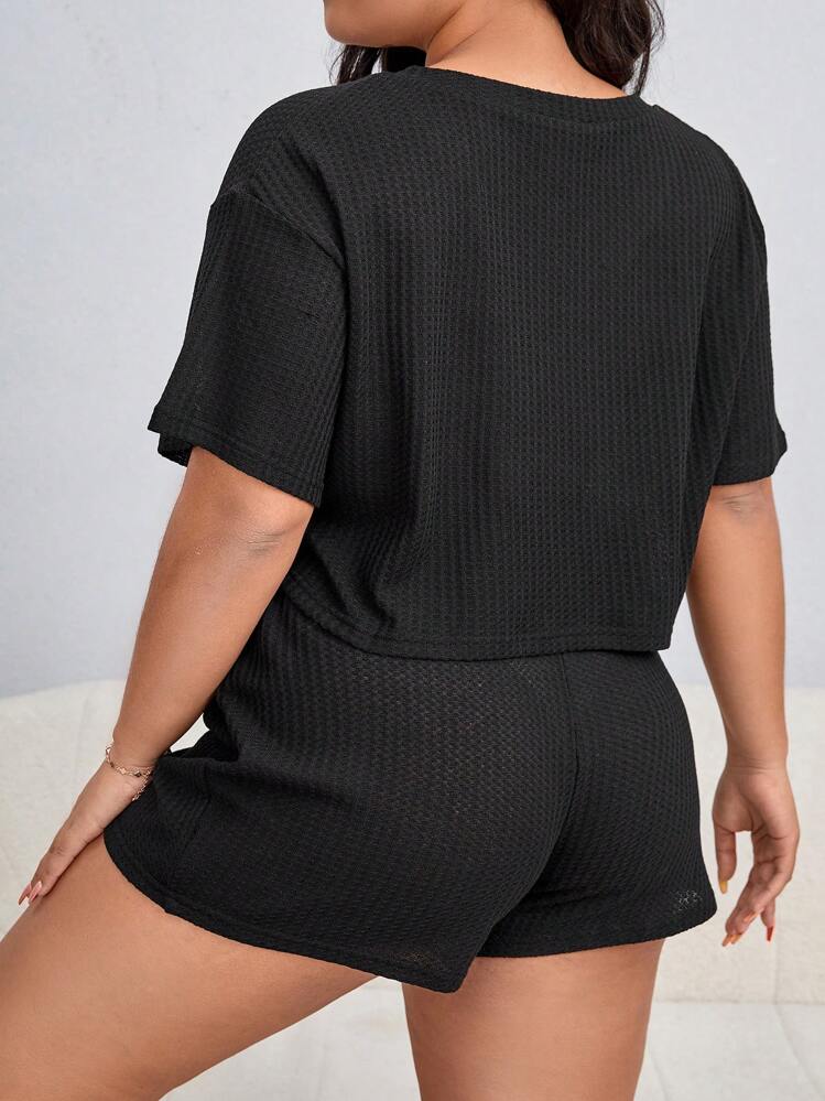 Plus Drop Shoulder Knot Front PJ Set - Black - View 2