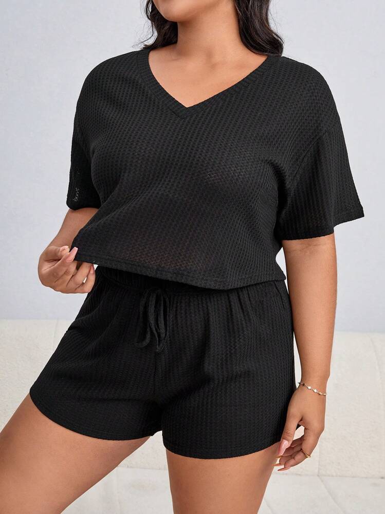 Plus Drop Shoulder Knot Front PJ Set - Black - View 3