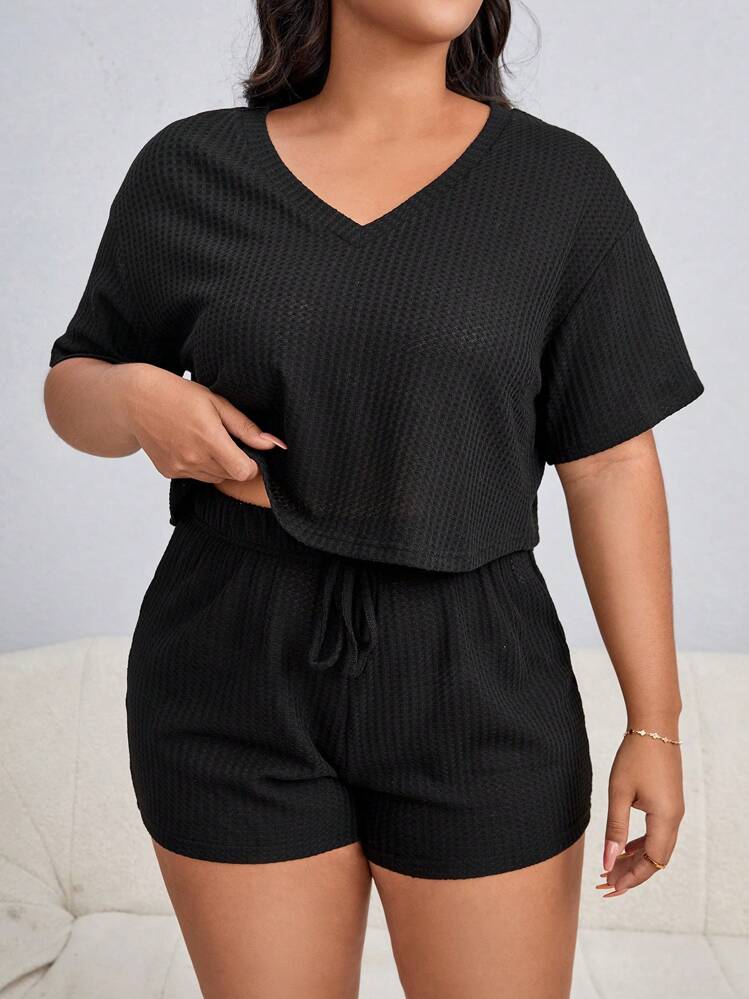 Plus Drop Shoulder Knot Front PJ Set - Black - View 6