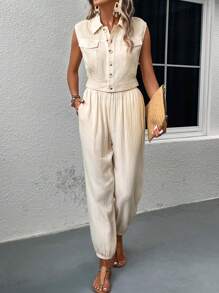 SHEIN LUNE 翻蓋口袋無袖襯衫和褲子 - 杏色 - 查看 1