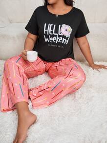 Plus Cartoon & Slogan Graphic PJ Set - Multicolor - View 1
