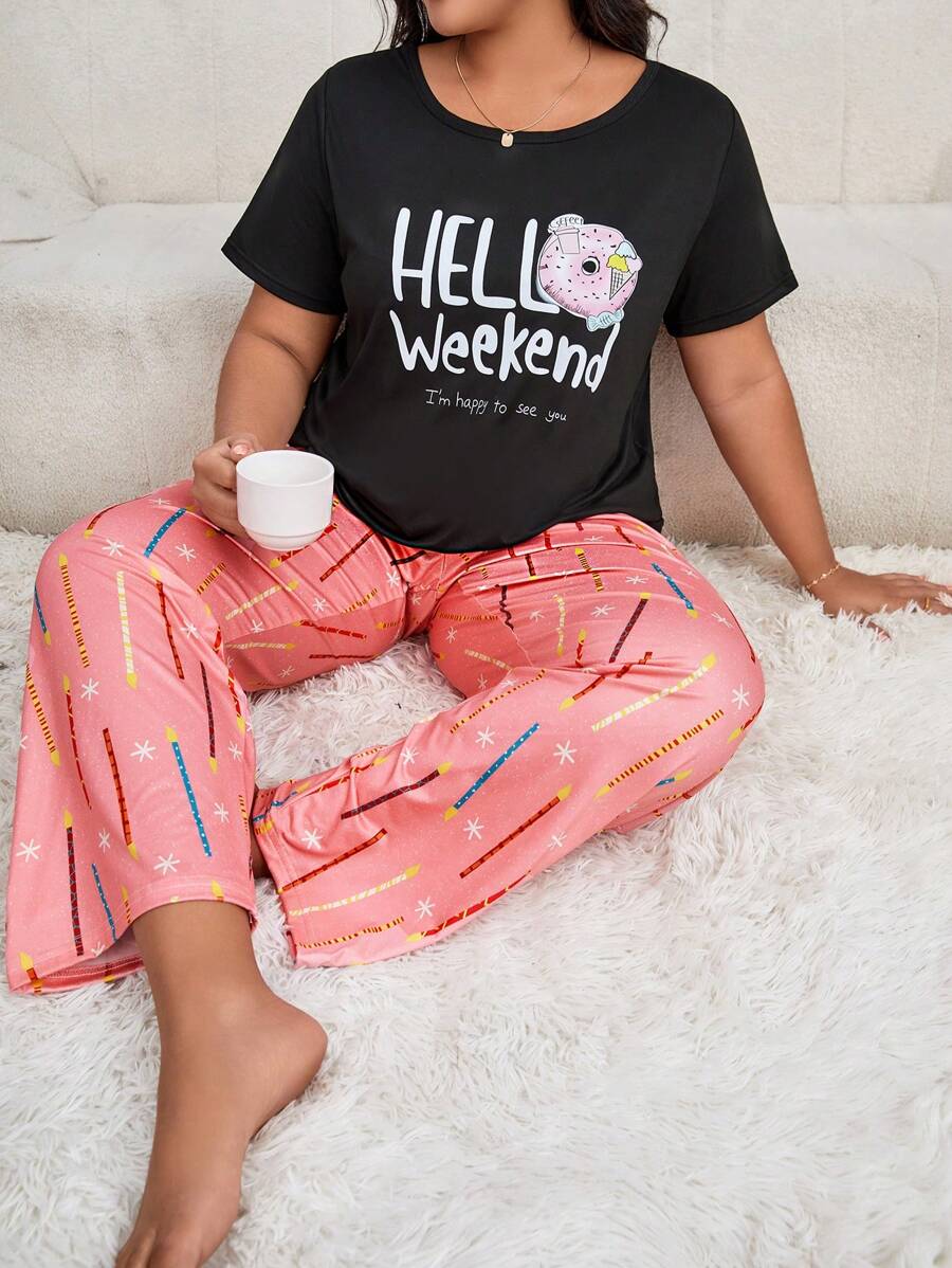 Plus Cartoon & Slogan Graphic PJ Set - Multicolor - View 1
