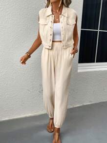 SHEIN LUNE 翻蓋口袋無袖襯衫和褲子 - 杏色 - 查看 3