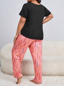 Plus Cartoon & Slogan Graphic PJ Set - Multicolor - View 3