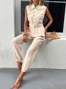 SHEIN LUNE 翻蓋口袋無袖襯衫和褲子 - 杏色 - 查看 5