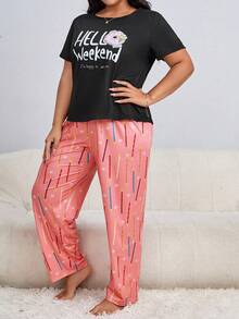 Plus Cartoon & Slogan Graphic PJ Set - Multicolor - View 4