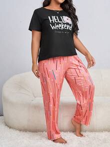 Plus Cartoon & Slogan Graphic PJ Set - Multicolor - View 5
