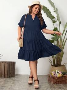 SHEIN VCAY Plus Batwing Sleeve Ruffle Hem Smock Dress - Navy Blue - View 3