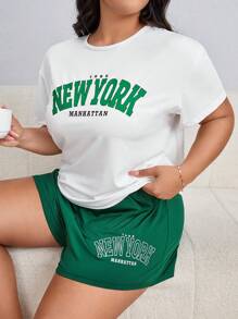 Plus Letter Graphic Tee & Shorts PJ Set - Multicolor - View 1
