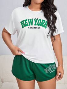 Plus Letter Graphic Tee & Shorts PJ Set - Multicolor - View 2