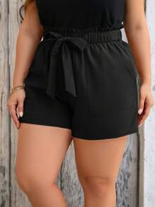 SHEIN LUNE 大碼紙袋腰附腰帶短褲 - 黑色 - 查看 4