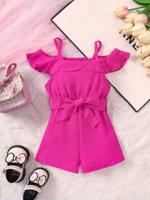 嬰兒挖肩荷葉邊腰帶連身短褲 - 玫紅色 - 查看 1