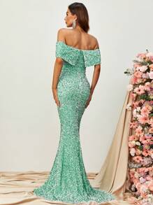 Off Shoulder Sequin Floor Length Formal Dress - Mint Green - View 2