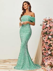 Off Shoulder Sequin Floor Length Formal Dress - Mint Green - View 3