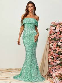 Off Shoulder Sequin Floor Length Formal Dress - Mint Green - View 4