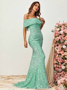 Off Shoulder Sequin Floor Length Formal Dress - Mint Green - View 5