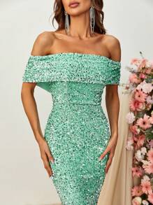 Off Shoulder Sequin Floor Length Formal Dress - Mint Green - View 6