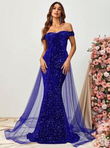 Off Shoulder Mesh Panel Sequin Prom Dress - Royal Blue - View 1