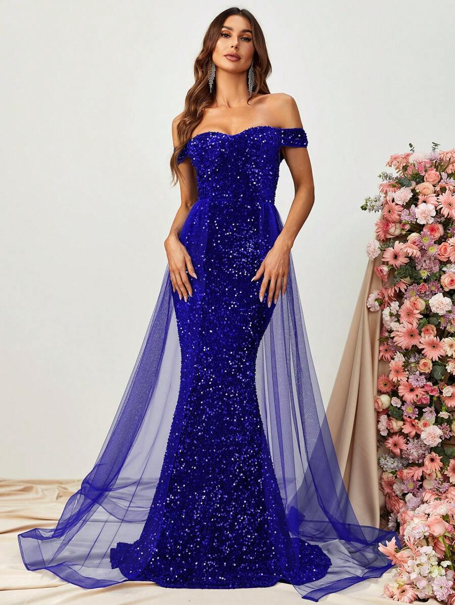 Off Shoulder Mesh Panel Sequin Prom Dress - Royal Blue - View 1