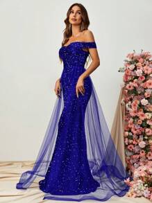 Off Shoulder Mesh Panel Sequin Prom Dress - Royal Blue - View 3
