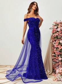 Off Shoulder Mesh Panel Sequin Prom Dress - Royal Blue - View 5