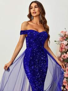 Off Shoulder Mesh Panel Sequin Prom Dress - Royal Blue - View 6