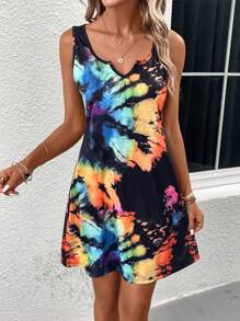 SHEIN LUNE Tie Dye Notched Neckline Tank Dress - Black - View 5