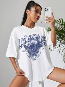 SHEIN EZwear 鷹和字母圖案落肩袖超大號T恤 - 白色 - 查看 5