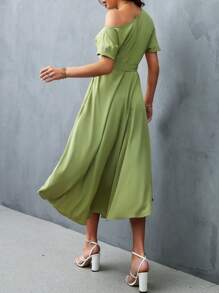 SHEIN Privé Đầm Bất đối xứng Thắt lưng màu trơn Thanh lịch - Màu xanh chanh - Xem 3