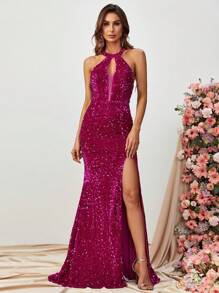 高衩亮片繞頸露背魚尾裙下擺正式洋裝 - 玫紅色 - 查看 1