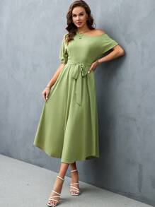 SHEIN Privé Đầm Bất đối xứng Thắt lưng màu trơn Thanh lịch - Màu xanh chanh - Xem 4