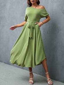 SHEIN Privé Đầm Bất đối xứng Thắt lưng màu trơn Thanh lịch - Màu xanh chanh - Xem 1