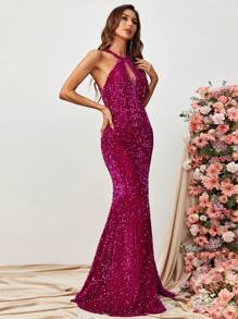 高衩亮片繞頸露背魚尾裙下擺正式洋裝 - 玫紅色 - 查看 3