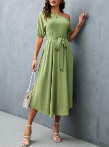 SHEIN Privé Đầm Bất đối xứng Thắt lưng màu trơn Thanh lịch - Màu xanh chanh - Xem 5