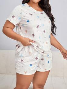 Plus Star Print Tee & Shorts PJ Set - White - View 5