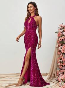 高衩亮片繞頸露背魚尾裙下擺正式洋裝 - 玫紅色 - 查看 4